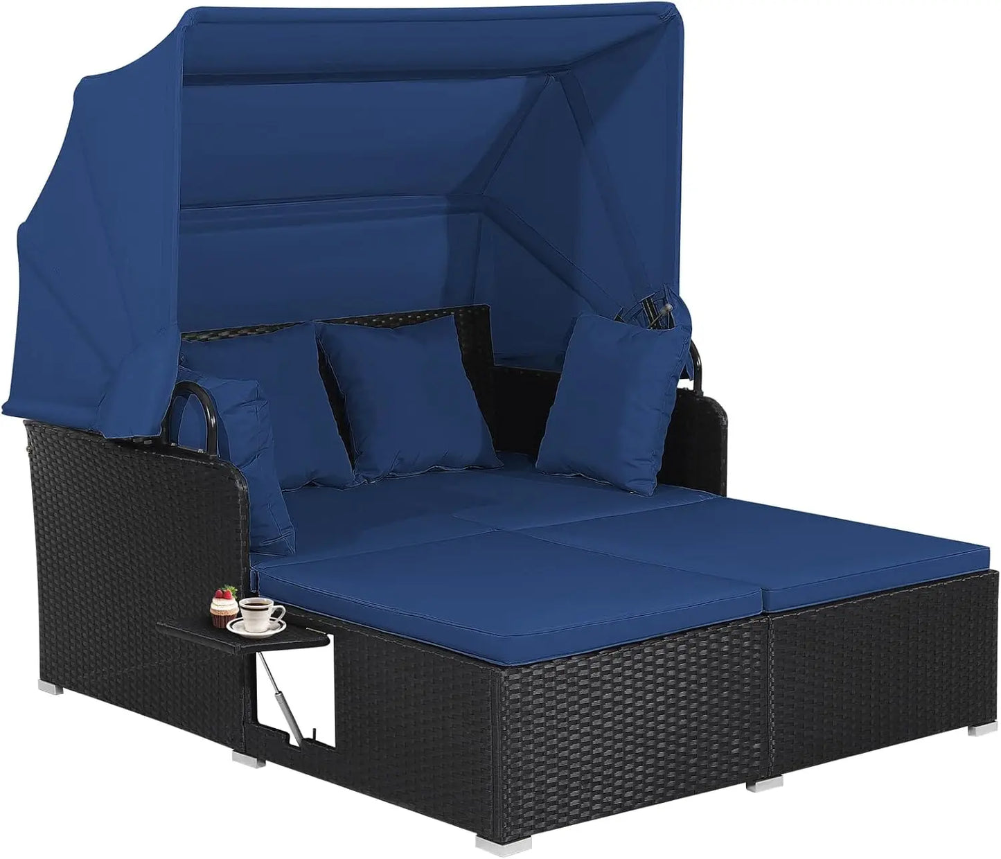 Outdoor Wicker Daybed with Canopy & Tables - HAPPYGRILL