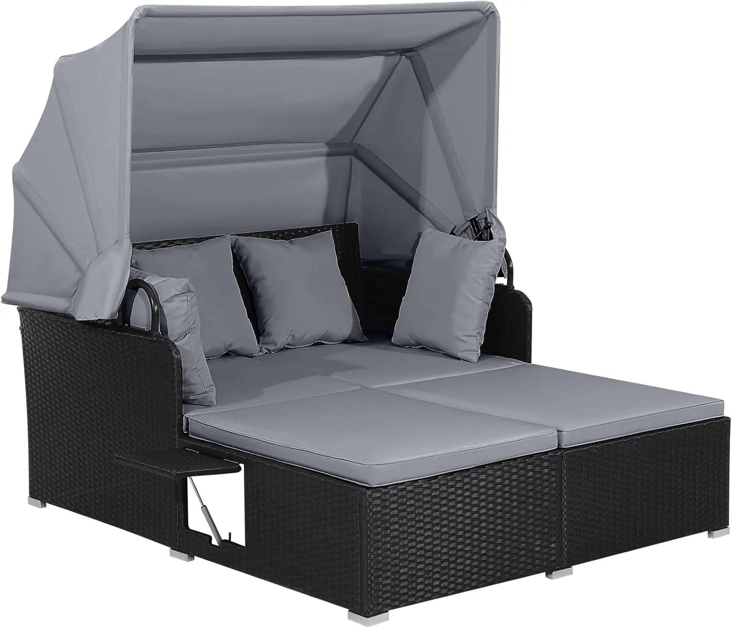 Outdoor Wicker Daybed with Canopy & Tables - HAPPYGRILL