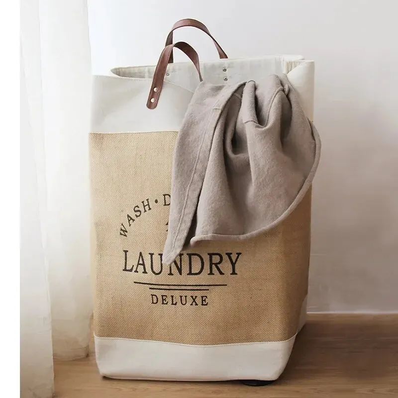 Foldable Laundry Basket - Large Capacity, Khaki Fabric Design