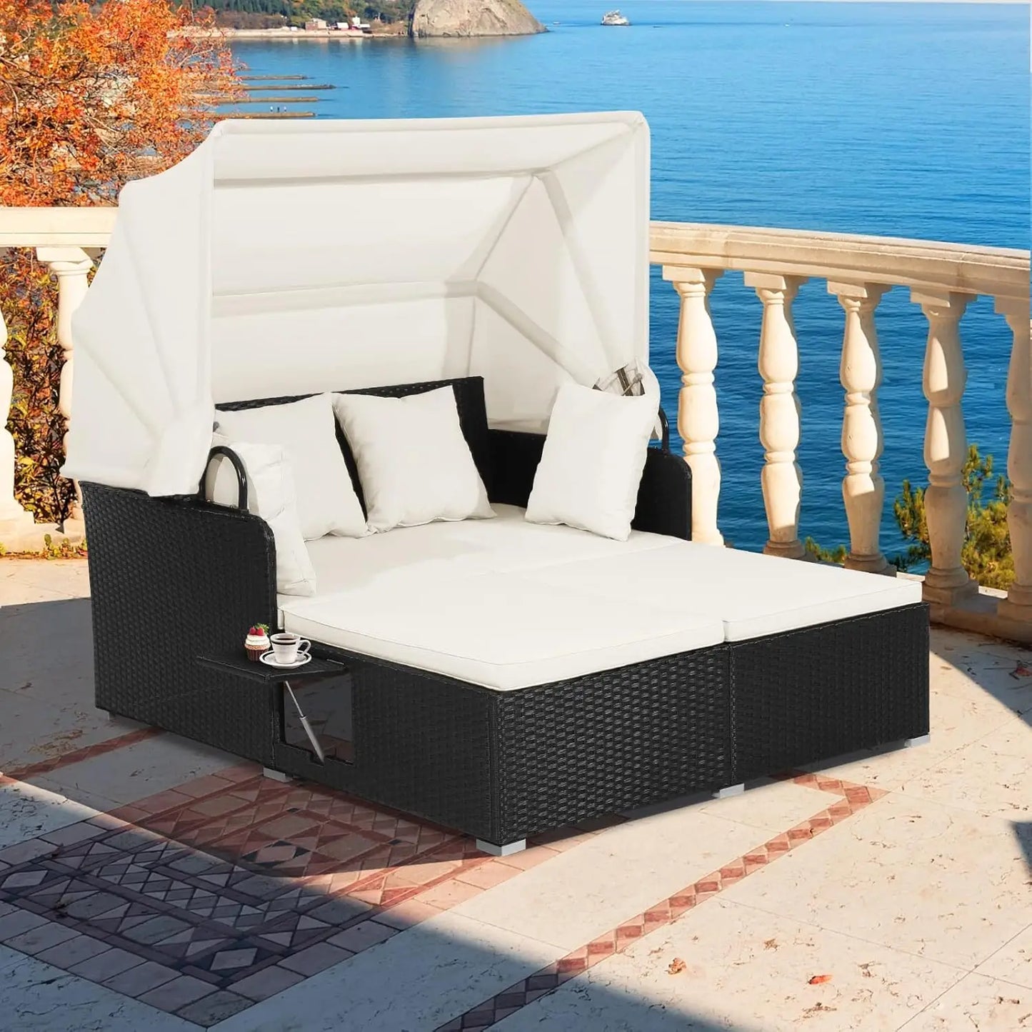 Outdoor Wicker Daybed with Canopy & Tables - HAPPYGRILL