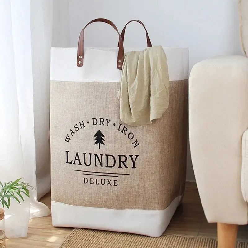 Foldable Laundry Basket - Large Capacity, Khaki Fabric Design