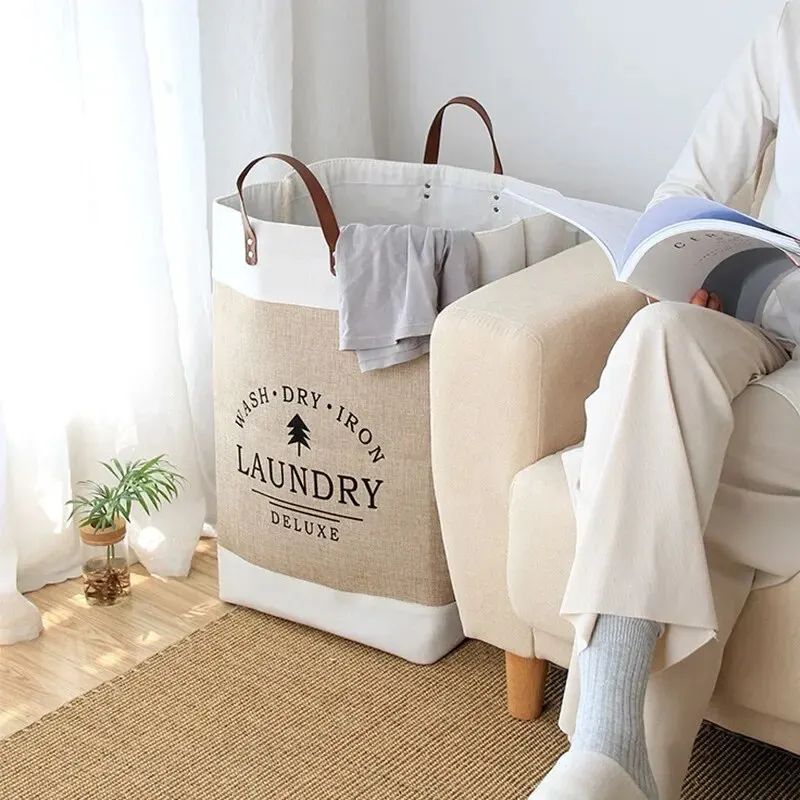 Foldable Laundry Basket - Large Capacity, Khaki Fabric Design