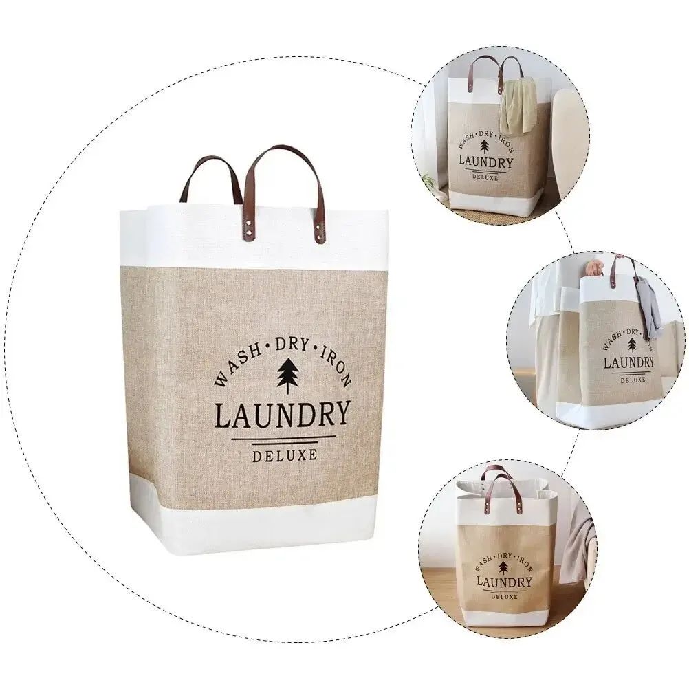 Foldable Laundry Basket - Large Capacity, Khaki Fabric Design
