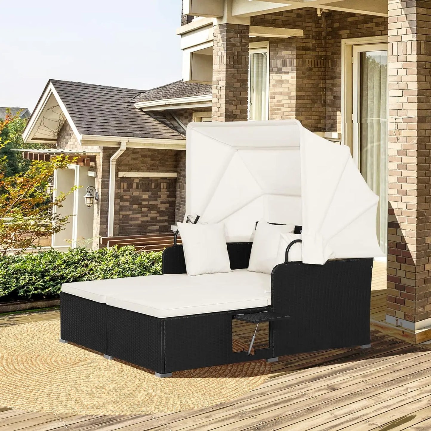 Outdoor Wicker Daybed with Canopy & Tables - HAPPYGRILL