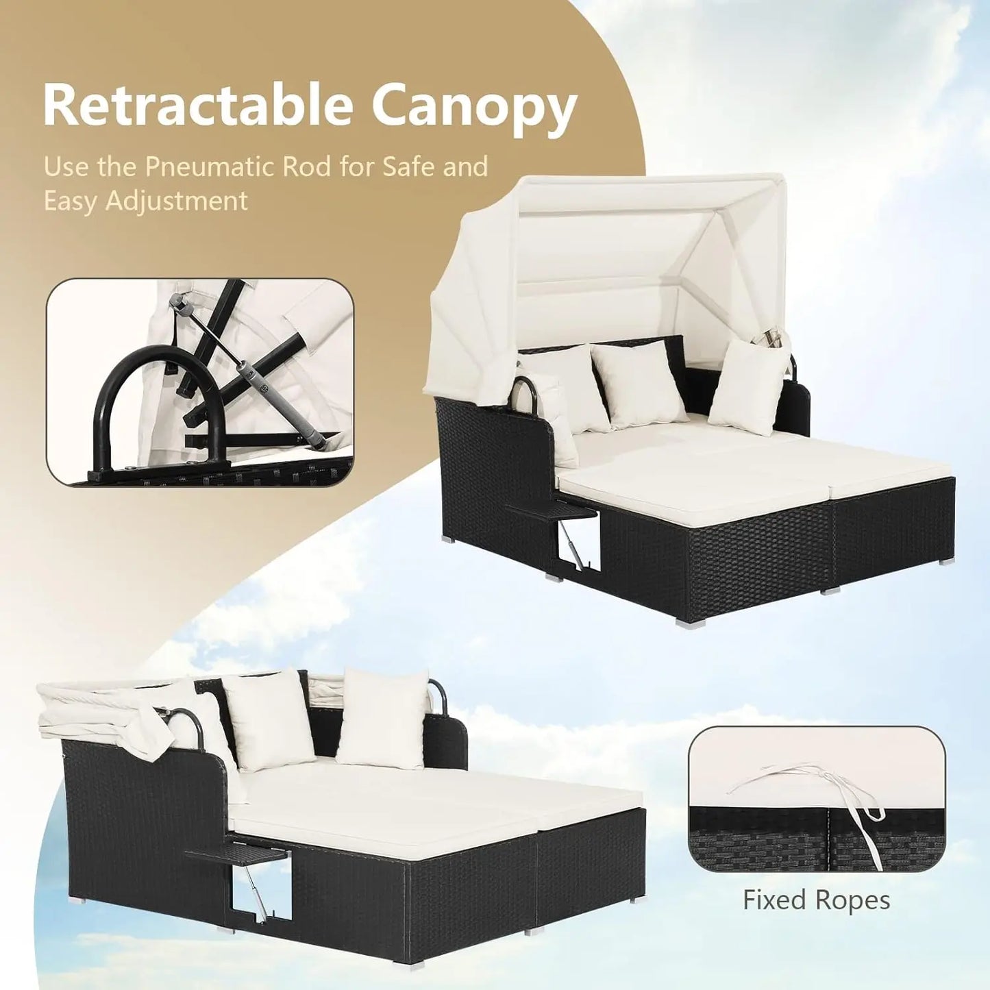 Outdoor Wicker Daybed with Canopy & Tables - HAPPYGRILL