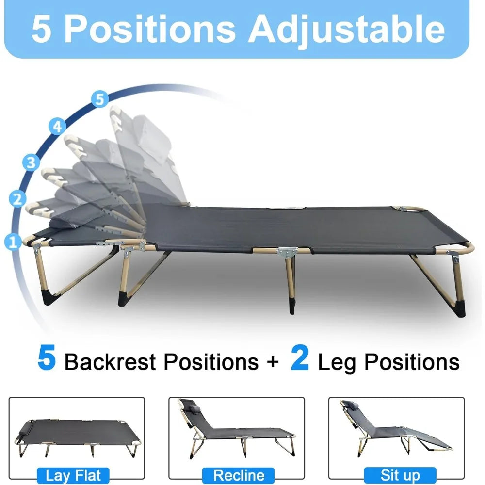 Reclining Camping Cot - Portable, 500 lb Capacity, 5-Level Adjust