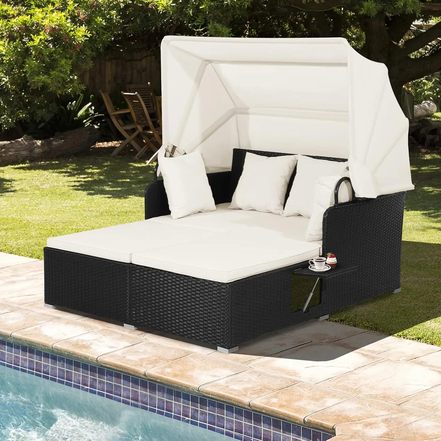 Outdoor Wicker Daybed with Canopy & Tables - HAPPYGRILL