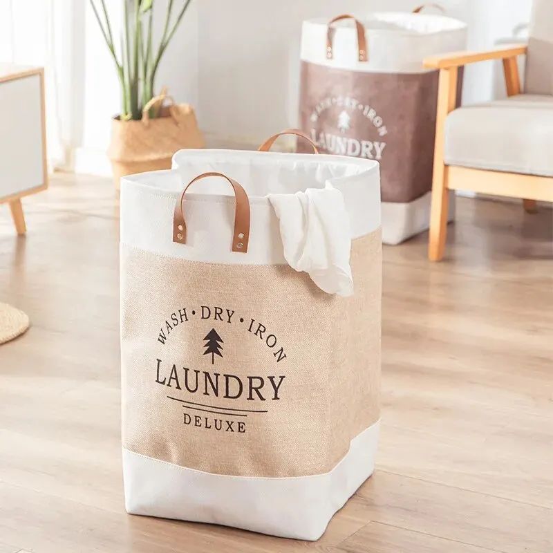Foldable Laundry Basket - Large Capacity, Khaki Fabric Design