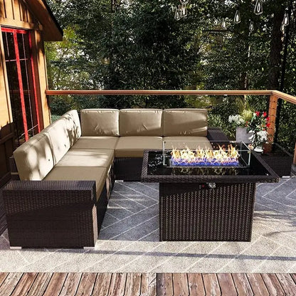 Outdoor Wicker Sofa Set - 7 Piece Patio with Fire Pit Table