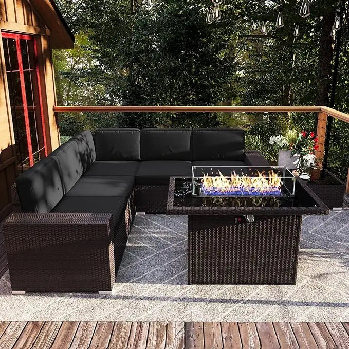 Outdoor Wicker Sofa Set - 7 Piece Patio with Fire Pit Table