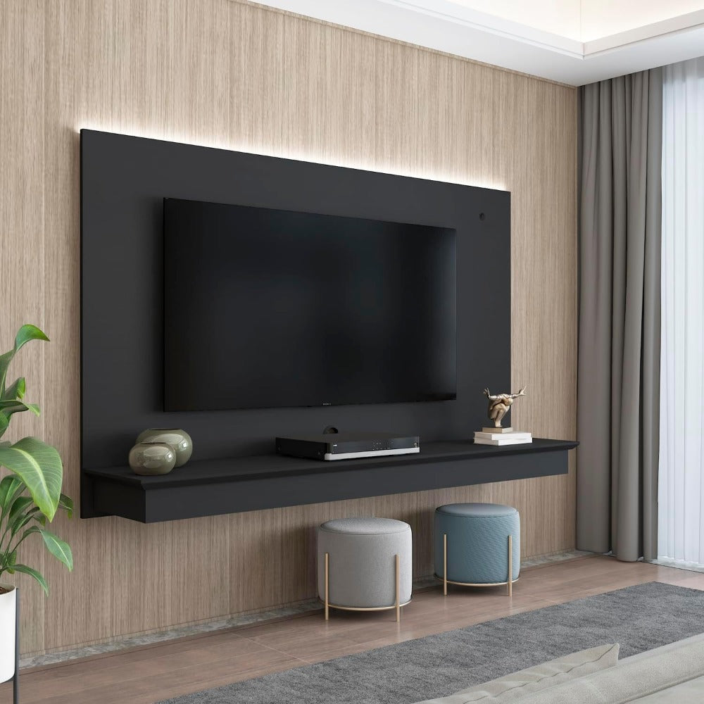 Black Floating Entertainment Center - LED & Cable Management