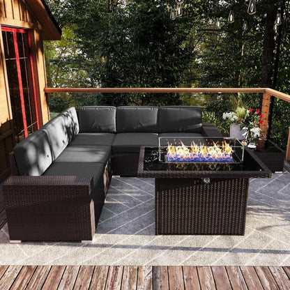 Outdoor Wicker Sofa Set - 7 Piece Patio with Fire Pit Table