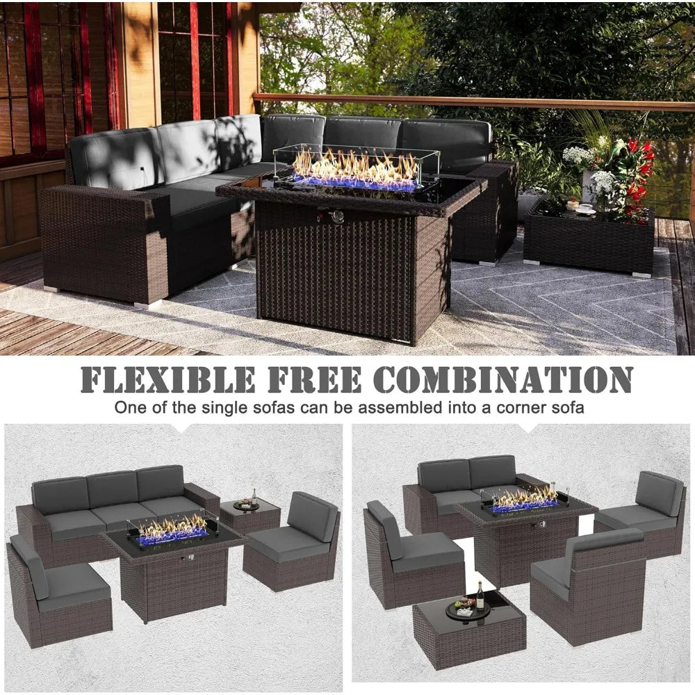 Outdoor Wicker Sofa Set - 7 Piece Patio with Fire Pit Table