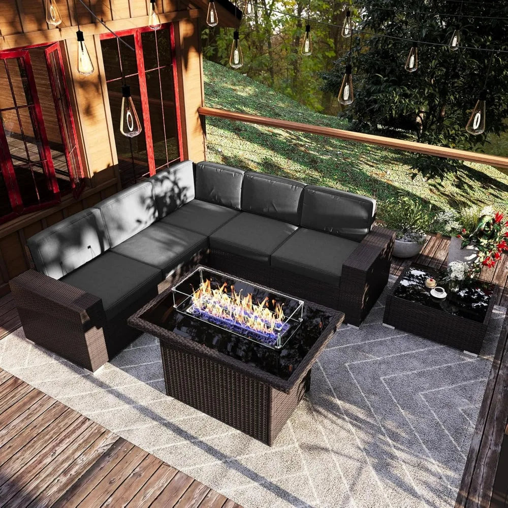 Outdoor Wicker Sofa Set - 7 Piece Patio with Fire Pit Table
