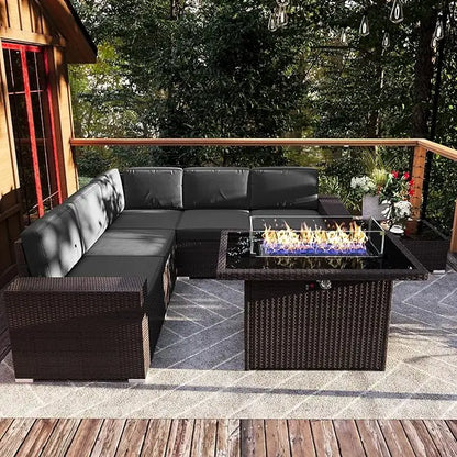 Outdoor Wicker Sofa Set - 7 Piece Patio with Fire Pit Table