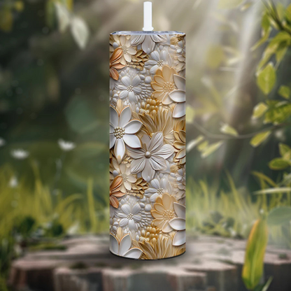 3D White Gold Flower Pattern Dye-sublimated Stainless Steel Thin Tumbler With Straw And Lid