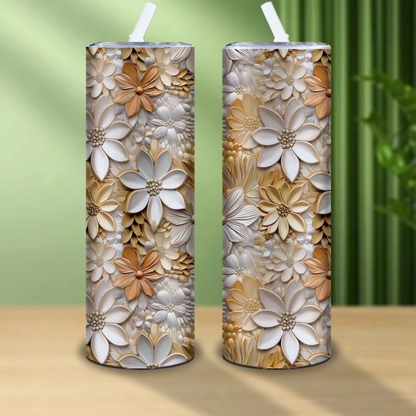 3D White Gold Flower Pattern Dye-sublimated Stainless Steel Thin Tumbler With Straw And Lid