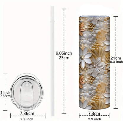 3D White Gold Flower Pattern Dye-sublimated Stainless Steel Thin Tumbler With Straw And Lid